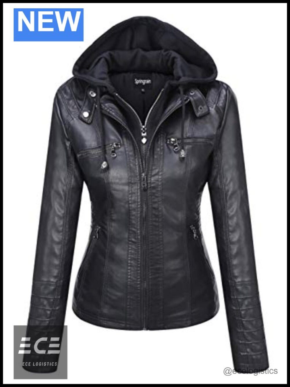 Faux Leather Moto Biker Jacket with Removable Knit Hood